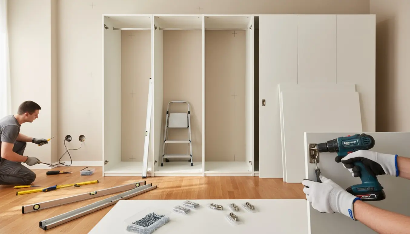 Montør samler og opsætter et stort PAX-garderobeskab ved en væg, mens to stikkontakter gøres klar til flytning.