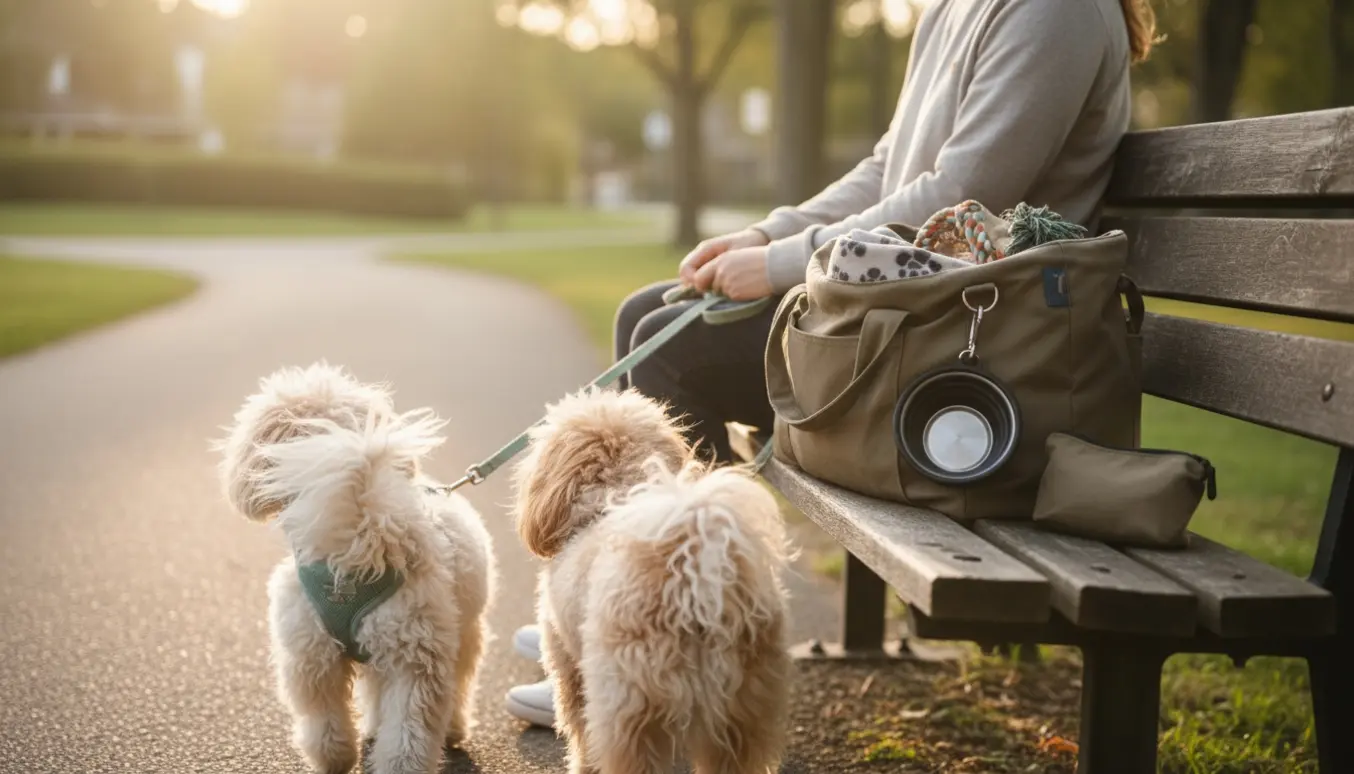 To små Havaneser i snor på gåtur ved en bænk med en taske fyldt med hundeudstyr.