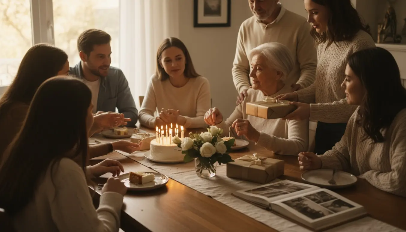 Syv familiemedlemmer samlet omkring mor ved hendes 70-års fødselsdagsbord i et varmt, naturligt oplyst hjem.