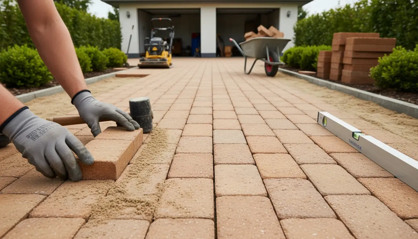Nærbillede af herregårdsstensindkørsel under anlæg med arbejdshænder og værktøj.