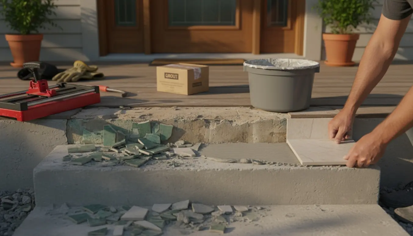 Fortrappe under renovering med gamle fliser fjernet, nye fliser og værktøj klar til lægning.