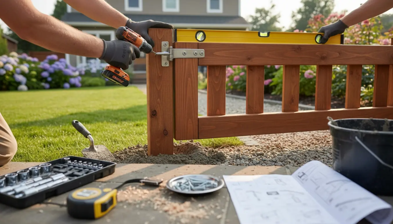 Hænder justerer en træ-havelåge mellem nye stolper i en velholdt have.