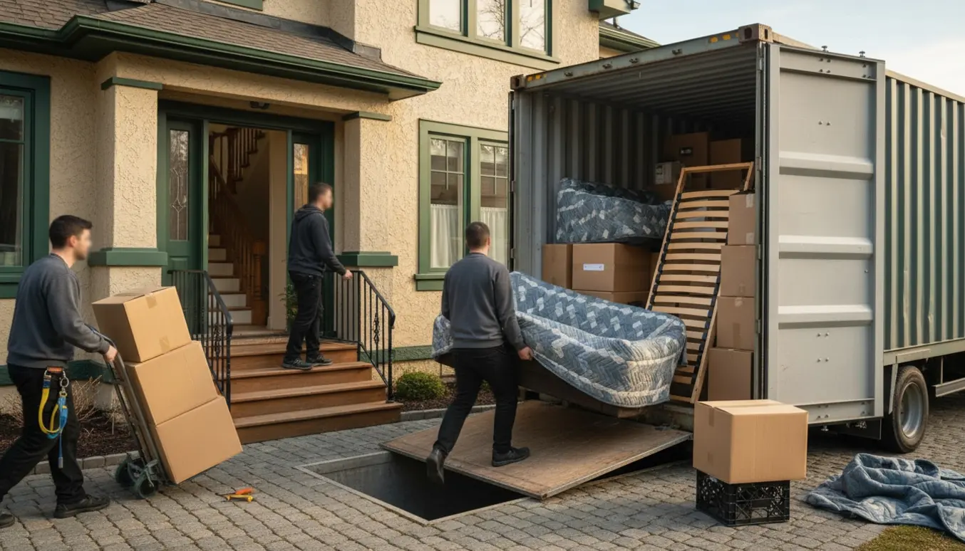 To flyttemænd bærer møbler og flyttekasser fra en åben container på fortovet ind i et hus om formiddagen.