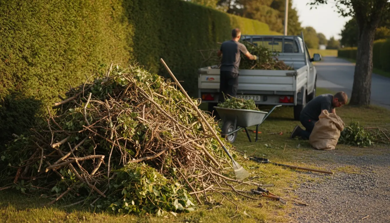 Stor bunke haveaffald ved hæk og trailer ved vejen klar til bortkørsel.