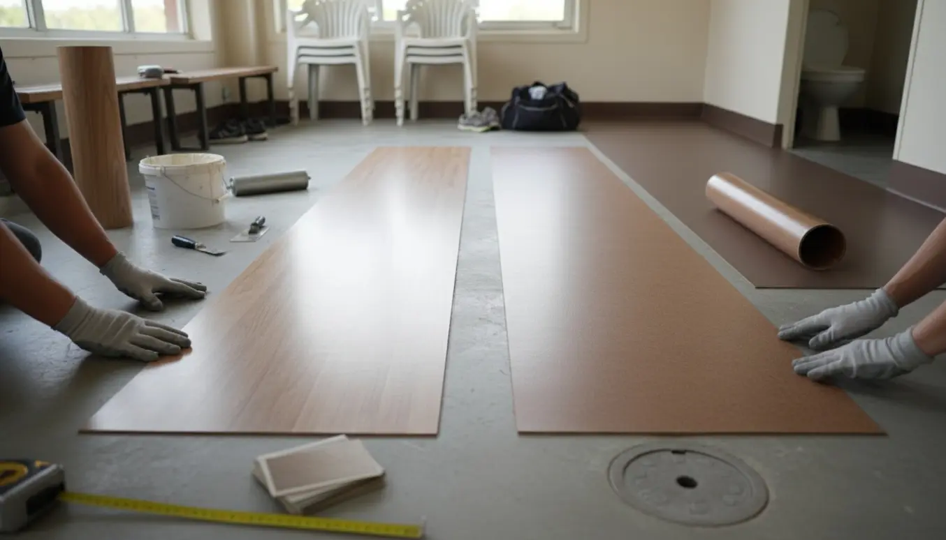 To gulvprøver (vinyl og linoleum) i et klubhus med værktøj og et toilet i hjørnet med gulvafløb.