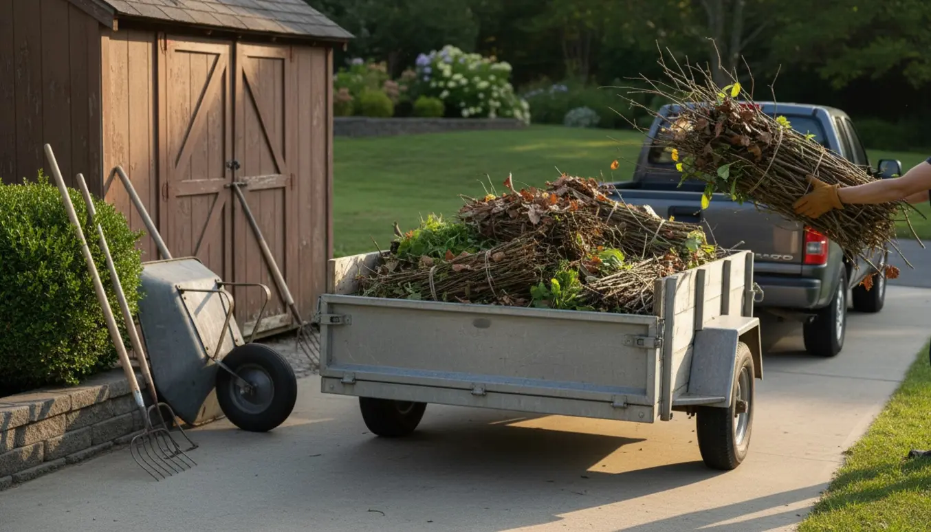 Åben trailer fyldt med haveaffald på indkørsel, omgivet af haveredskaber og bundter af grene.
