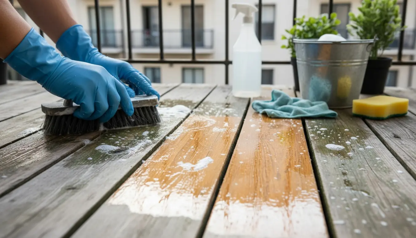 Handskerede hænder skrubber en lille træaltan for alger med børste, spand og sprayflaske.