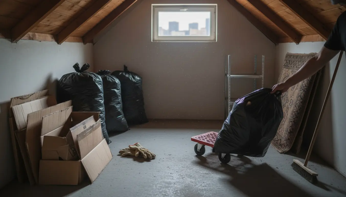 Et lille loftsrum på 5. sal med stabler af sække og flyttekasser klar til bortskaffelse.