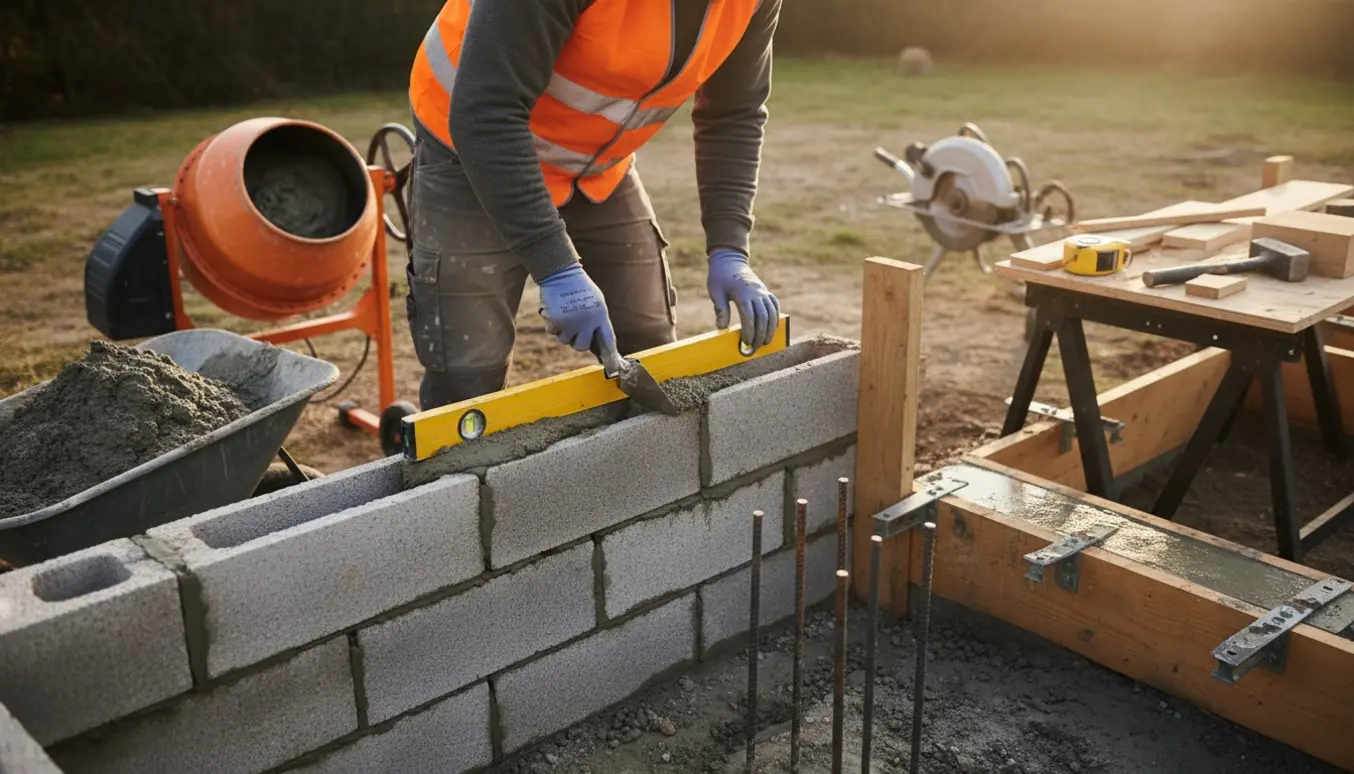 Håndværker bygger støttemur med fundablokke og beton i en baghave.