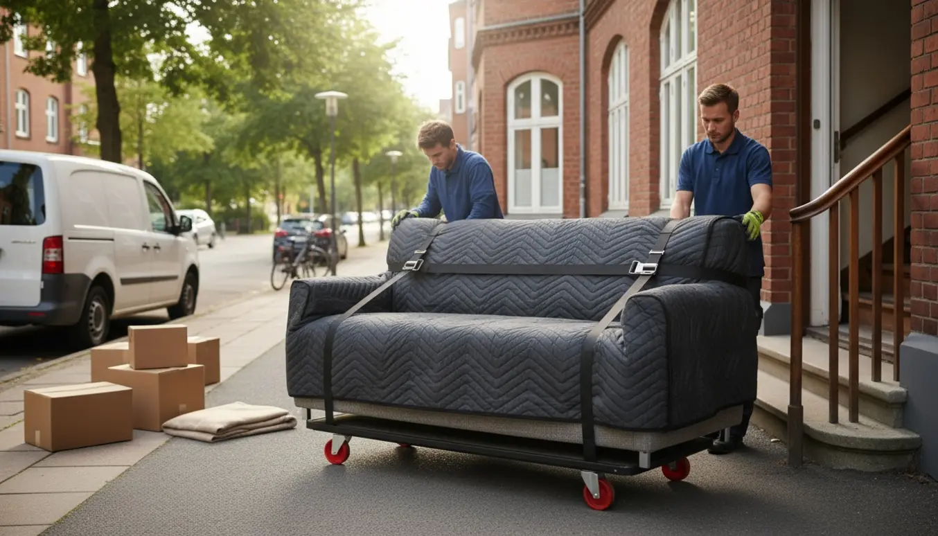 En trepersoners sofa pakket i flyttetæpper og sikret med stropper, båret fra en flyttevogn mod en lejlighedstrappe.