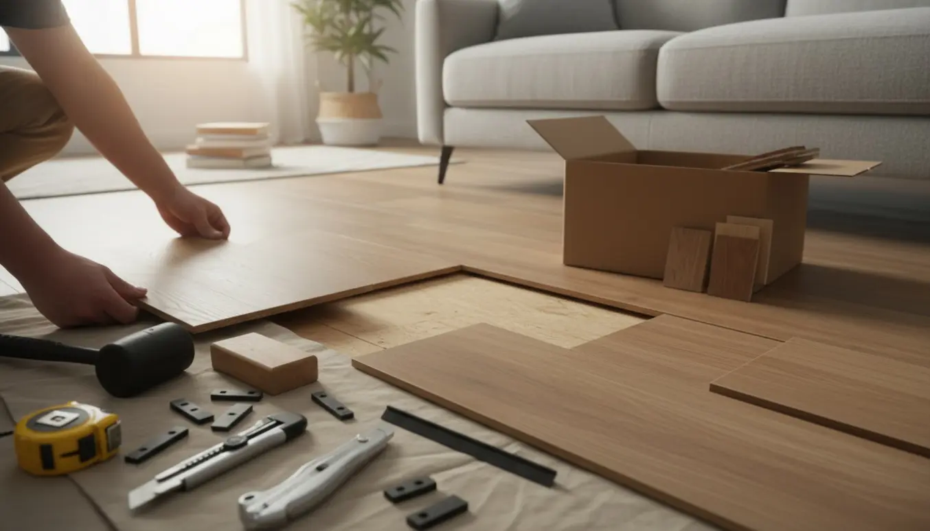 Nærbillede af reparation af klikgulv i en lys stue med værktøj, reservedele og farveprøver.