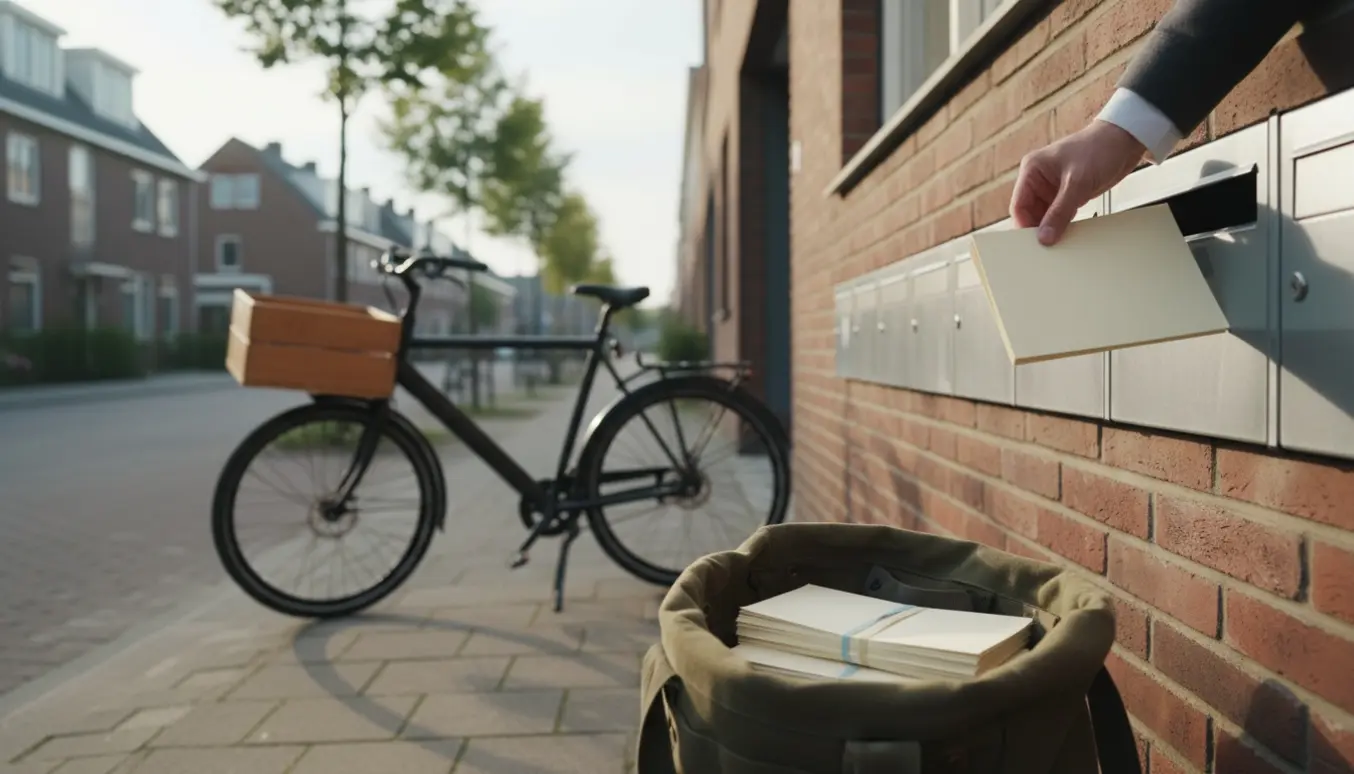Nærbillede af hænder, der putter en A5-flyer i en række postkasser med en åben leveringspose og cykel i baggrunden.