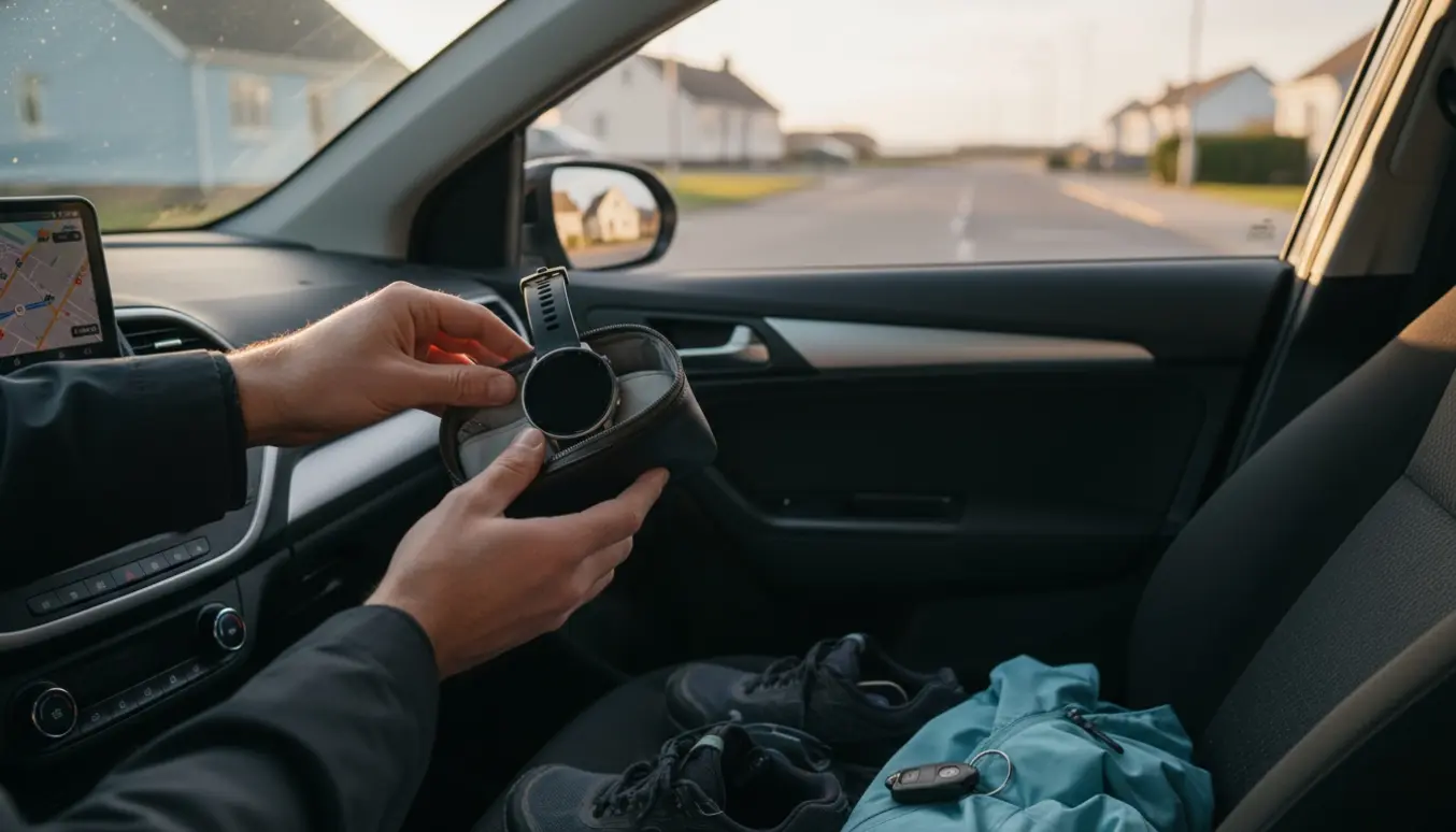 Et løbeur placeres i en polstret taske på bilsædet ved et hus i Gilleleje, klar til afhentning og levering.