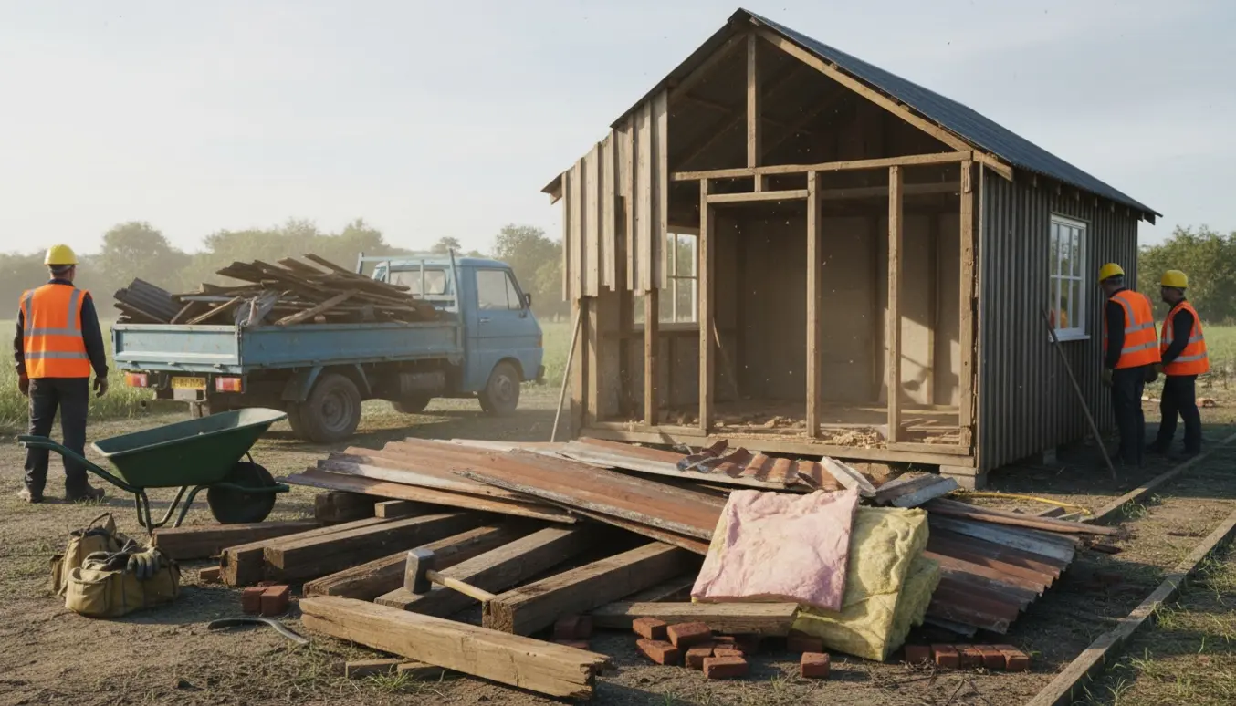 Et lille kolonihus under nedrivning med delvist fjernet væg, bunker af træ og en container til affald.