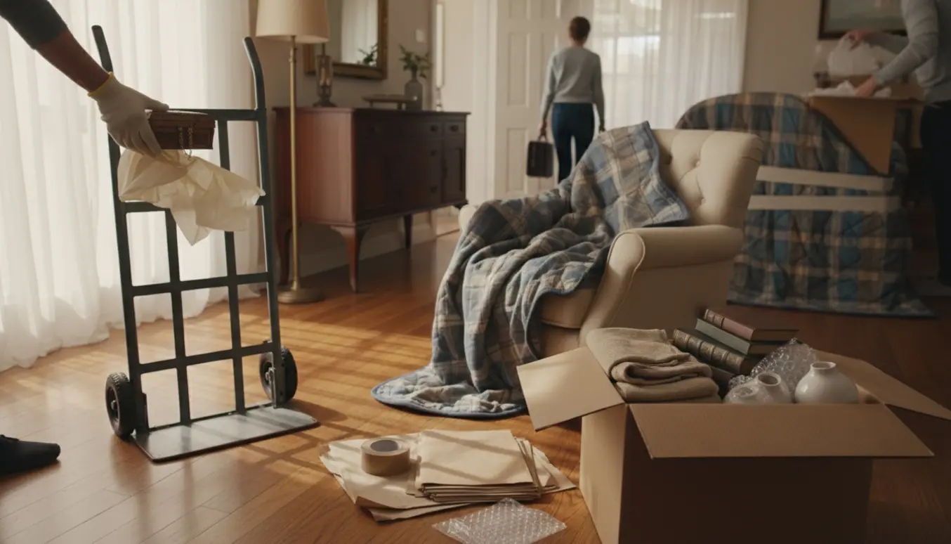 Solbelyst stue med de sidste ejendele fra et dødsbo klar til afhentning, kasser, flyttevogn og indpakkede genstande.