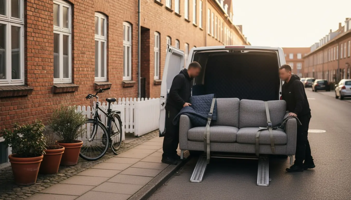 To personer læsser en sofa ind i en flyttevogn på en rolig gade i Odense.