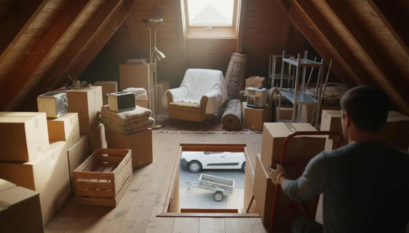 Loftrum fyldt med kasser og møbler, en person set bagfra trækker kasser ned gennem en trappe mod en ventende varevogn.