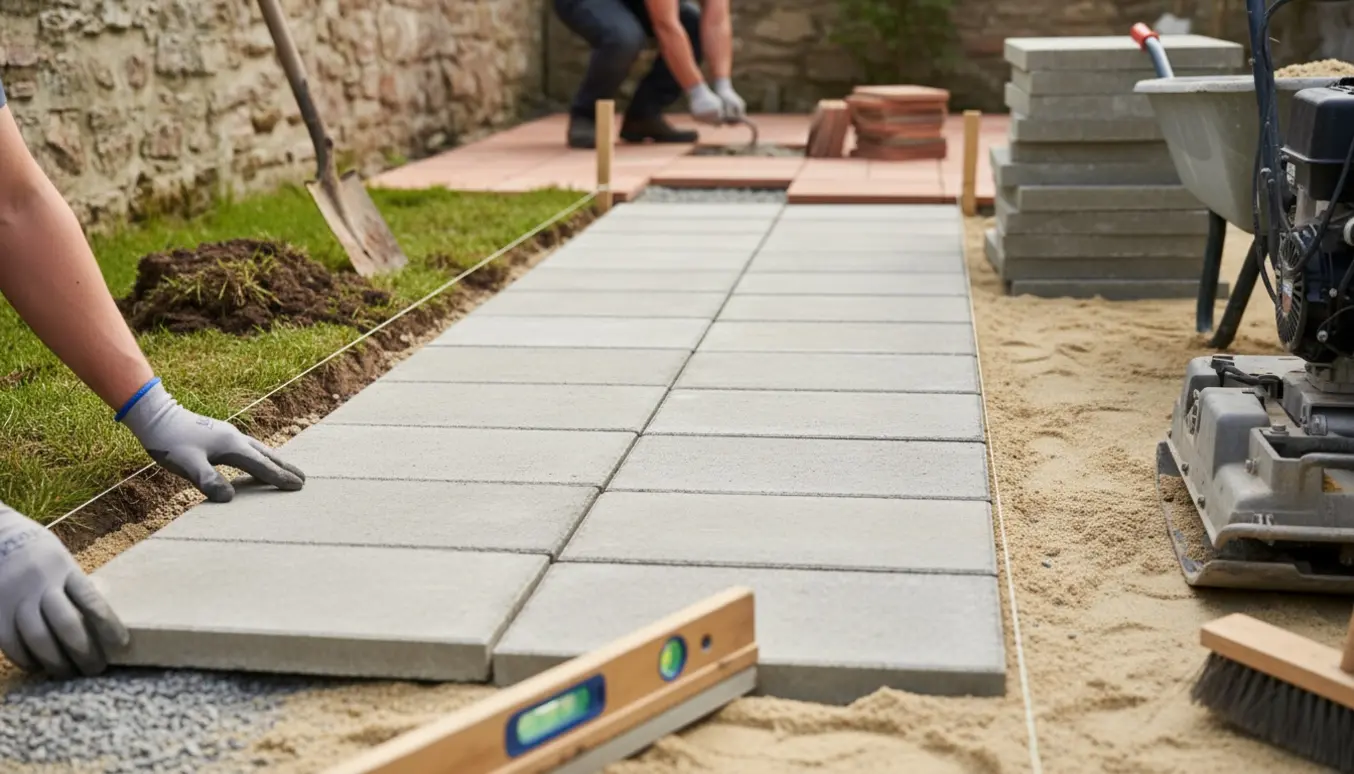 Gårdsplads med fliselægning i gang, hænder placerer betonfliser mellem værktøj og trillebør.