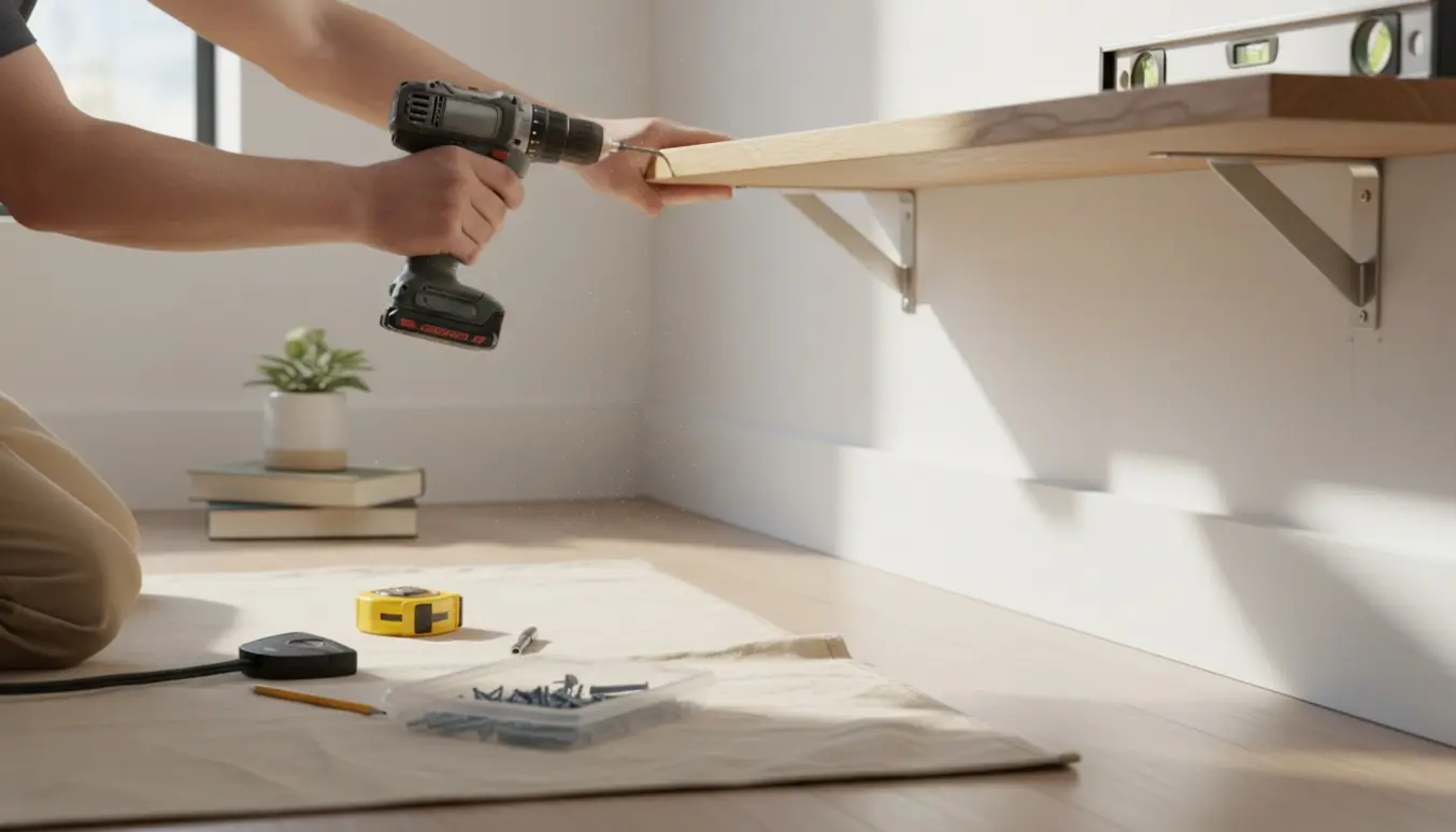 Hænder monterer en træhylde på en væg med boremaskine og vaterpas i et lyst, moderne rum.