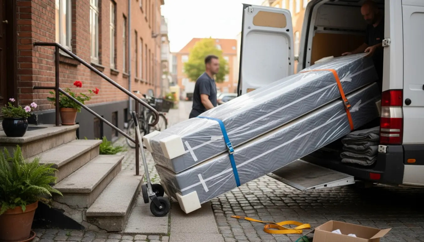 To personer flytter indpakkede boxmadrasser fra en rødstensbygning til en flyttevogn i Aarhus.
