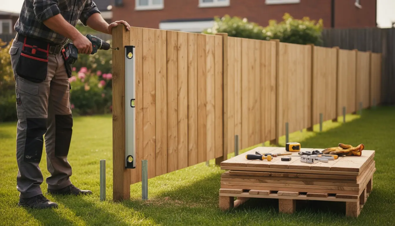 Håndværker monterer et træhegn med skruemaskine og vaterpas i en baghave, med metalspyd i jorden og ekstra hegnspaneler stablet klar.