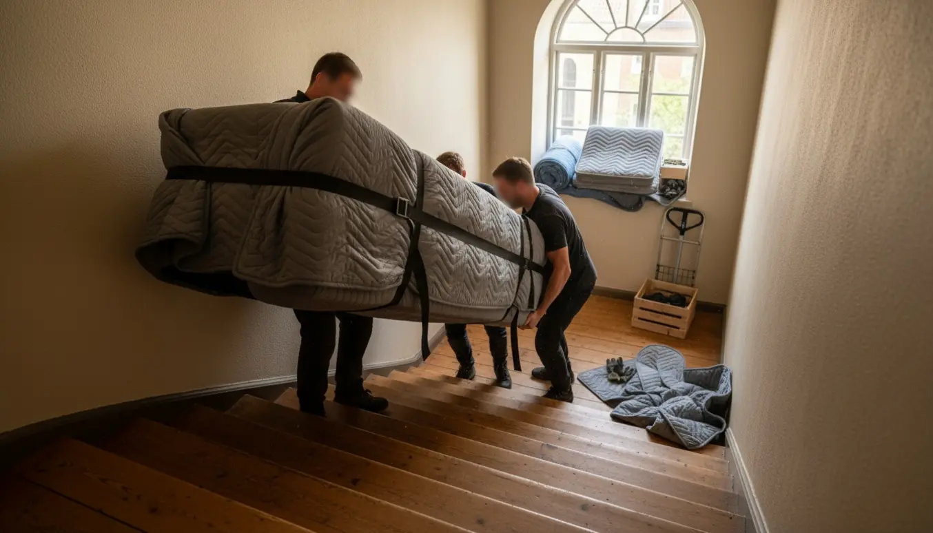 Indpakkede sovesofadele bæres op ad en smal opgangstrappe af bærere og en hjælper med flyttetæpper og stropper.