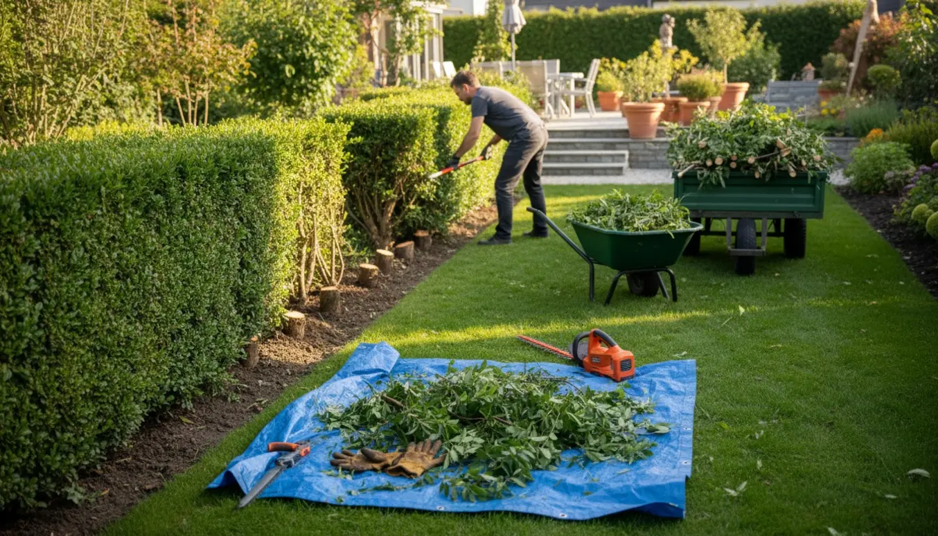 Fjernelse af hæk midt i haven med haveredskaber og opsamling af grønt affald.