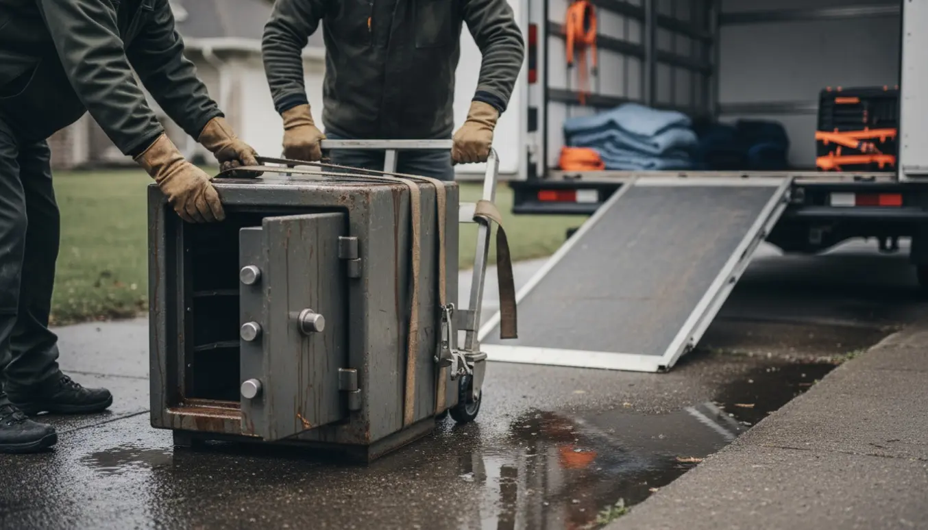 Tunge flyttere løfter et vandfyldt pengeskab fra et vådt fortov med dolly og seler.