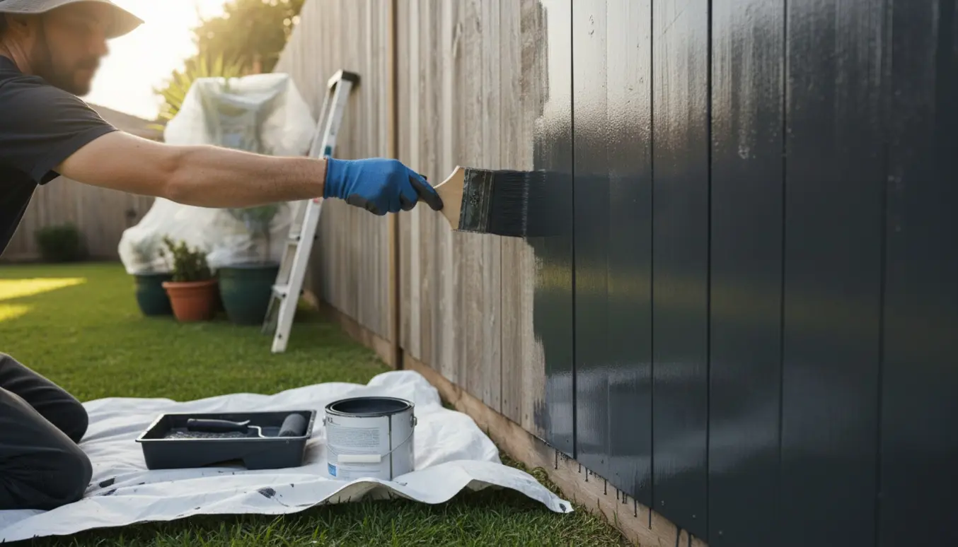 En person maler et træhegn på ejendommen med nymalet overflade og malergrej i forgrunden.