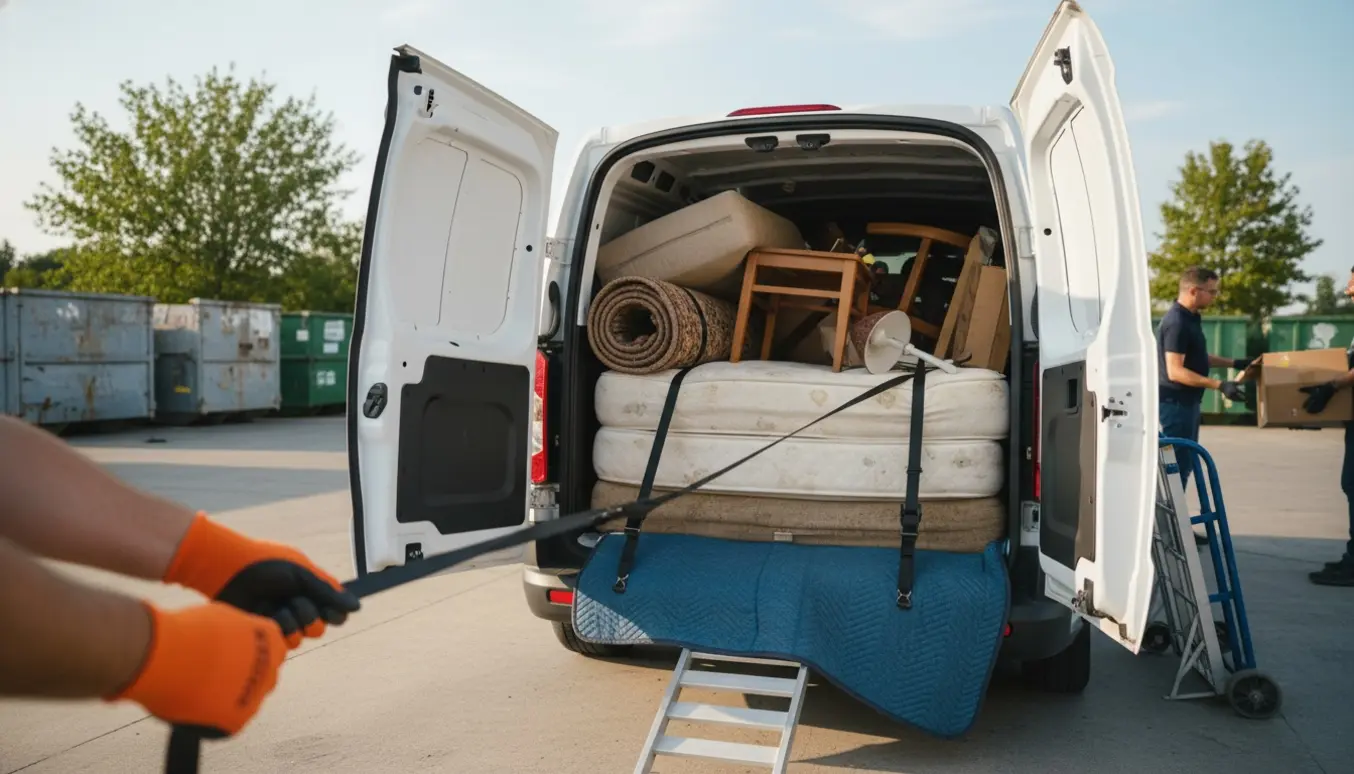 Varevogn læsses med møbler og storskrald ved en afleveringsplads.