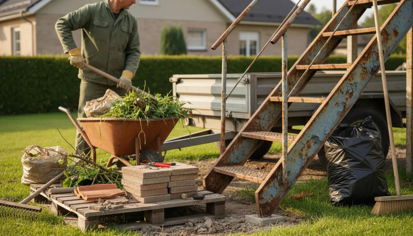 En person læsser haveaffald og en gammel metaltrappe ved terrassen, med stablede fliser ved siden af.