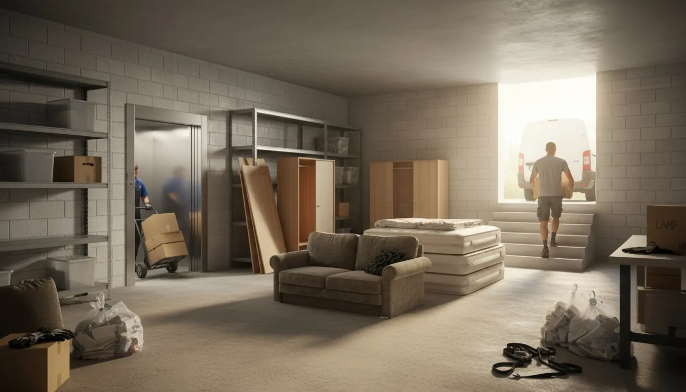 Flyttefolk læsser møbler og kasser ud af et 40 m² kælderrum via elevator og trappe på en lys formiddag.