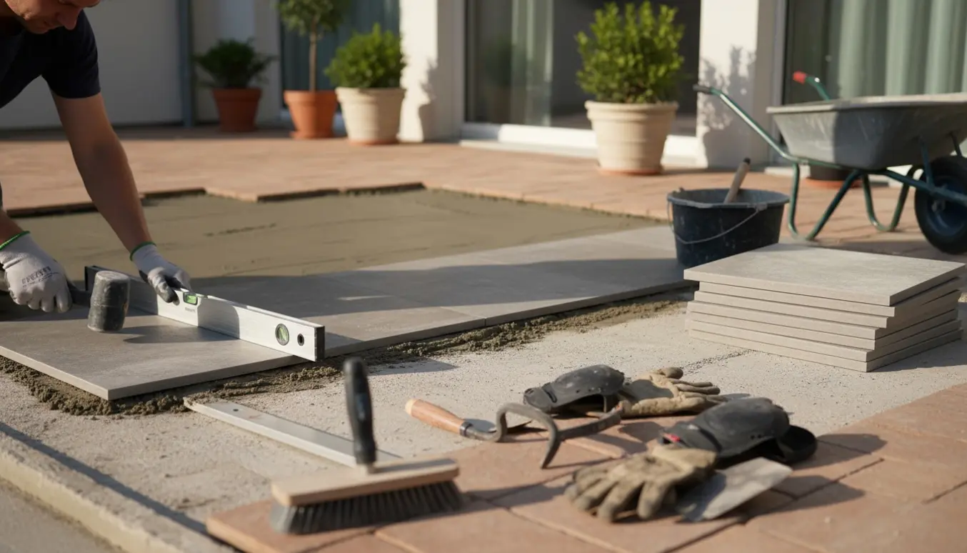 Hænder lægger nye terrassefliser på et udjævnet underlag ved en husfacade.