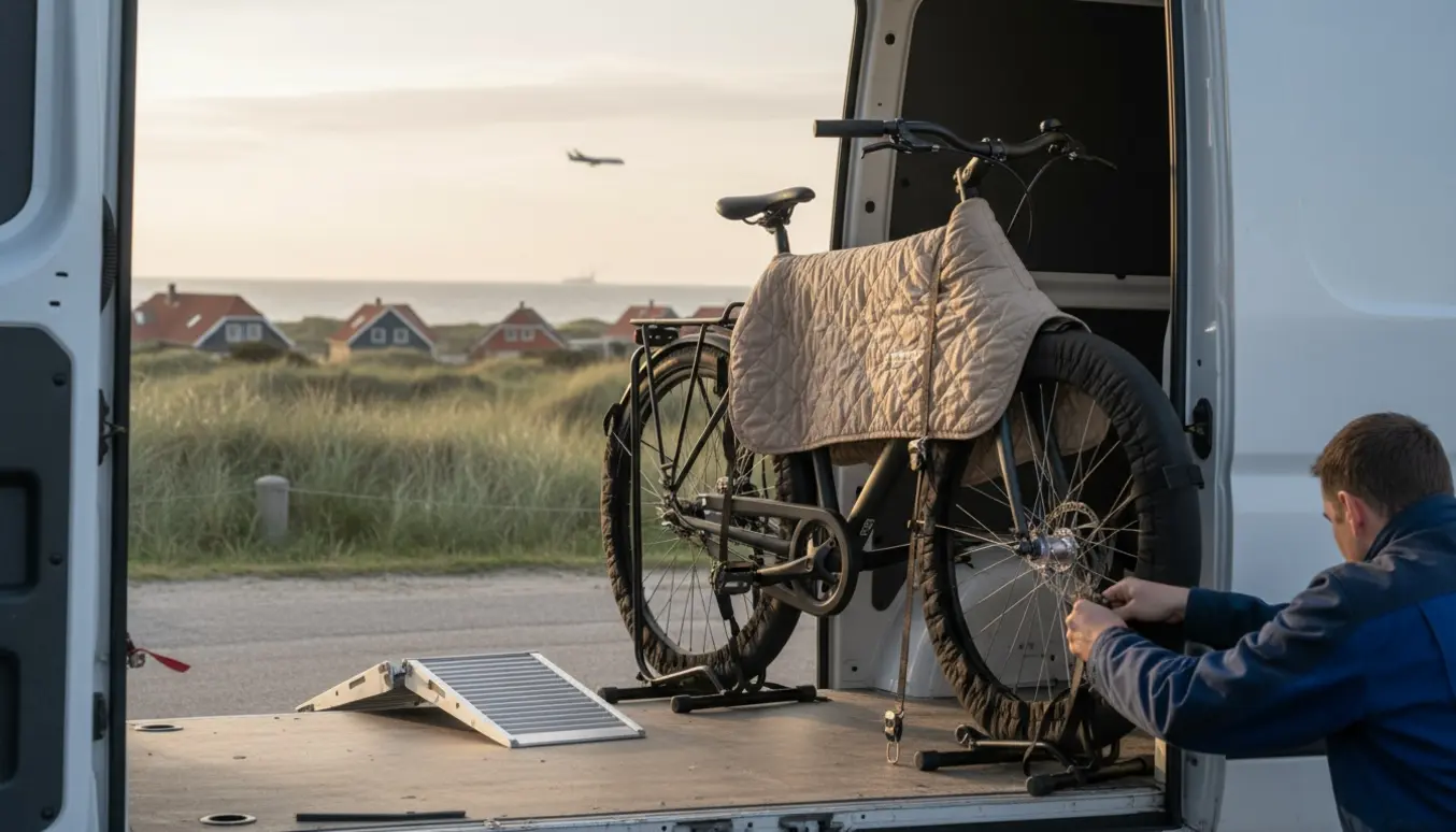 Cykel sikret med stropper og beskyttelse i bagenden af en varevogn ved kysten, klar til transport.