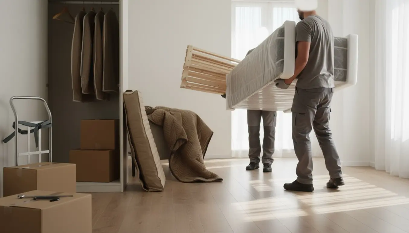 Flyttefolk bærer en adskilt seng og madras i en lys entré med flyttetæpper, tralle og garderobe klar til transport.