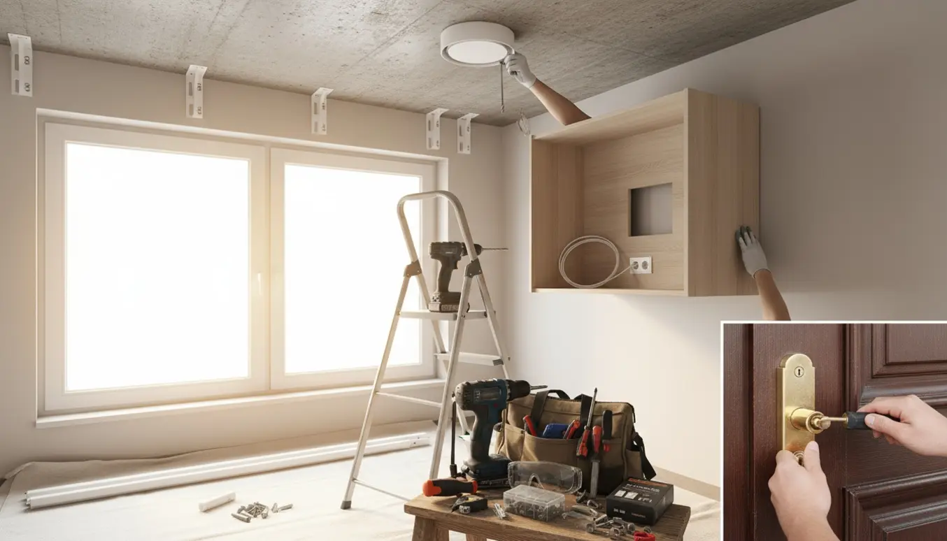 Installatørs hænder monterer loftlampe, gardinbeslag, væghængt skab og ekstra lås i en stue med værktøj spredt klar.