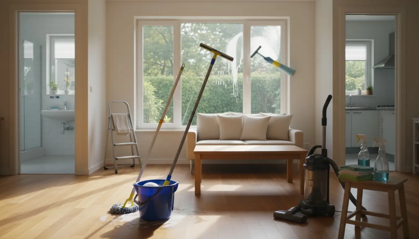 Hænder pudser et solbelyst vindue i et ny-rent enplanshus med rengøringsudstyr i forgrunden.