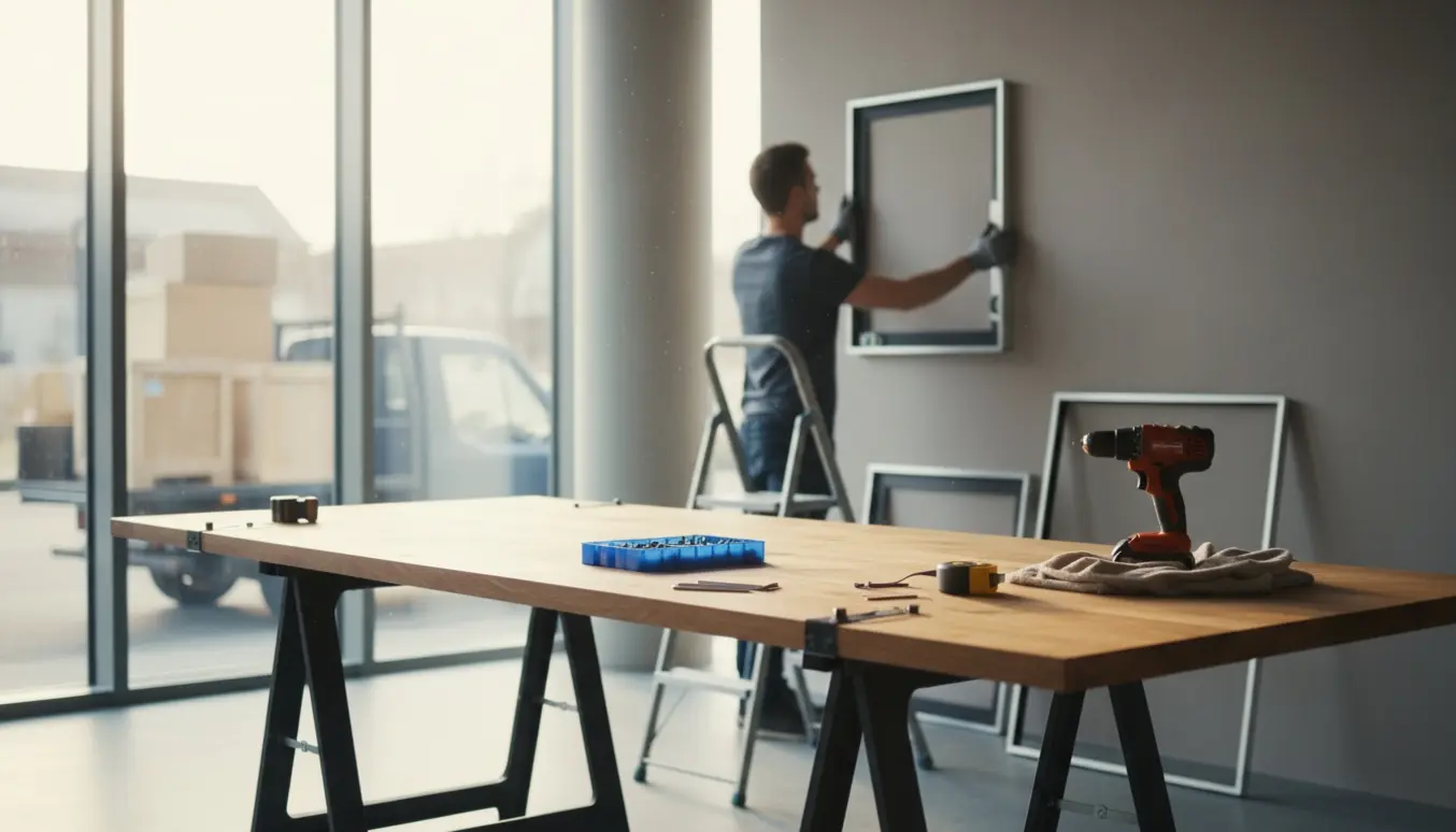 Delvist samlet mødebord med værktøj og billedrammer i et lyst kontor, mens forberedelse til ophængning og genbrug foregår.