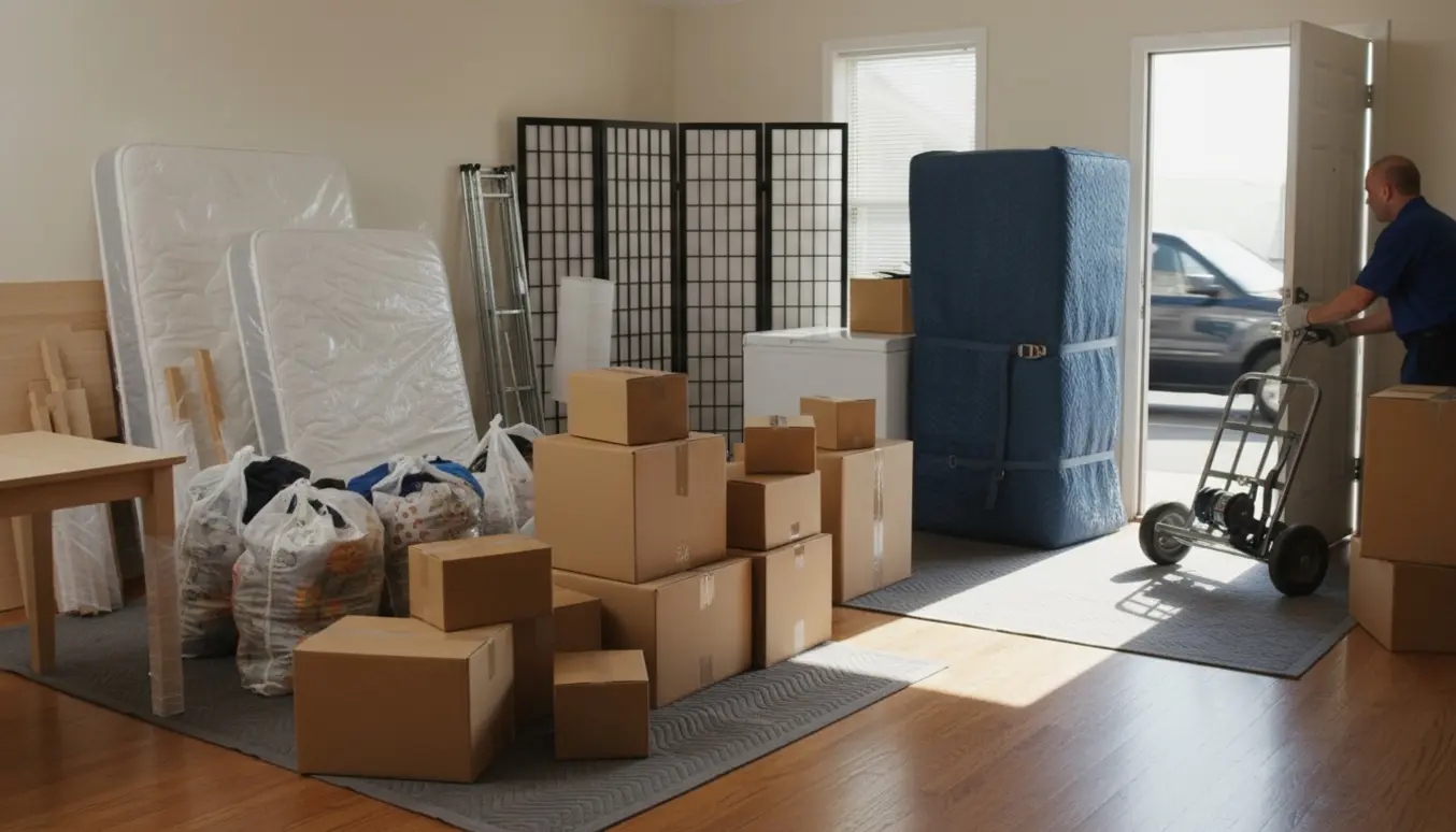 Lys flyttescene i lejlighed med stabler af flyttekasser, sammenspakkede møbler og poser med tøj klar til flytning.