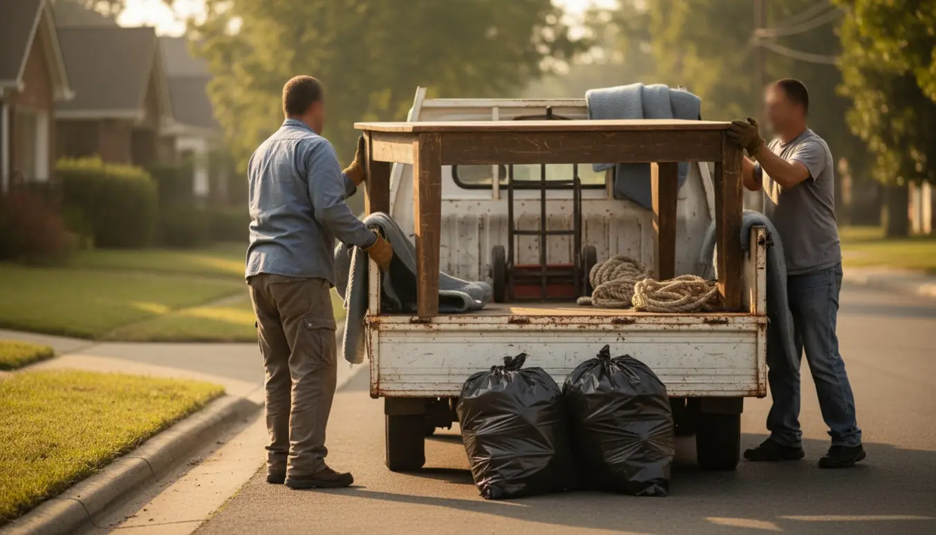 Et gammelt bord læsses op på en ladbil af to personer med handsker og flytteudstyr.