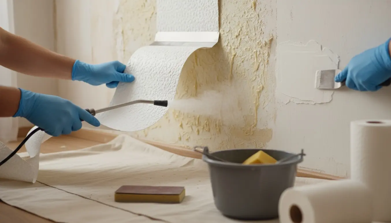 Hænder fjerner skumtapet med skraber og damp, med synlige limrester og et nylig spartlet område på væggen.
