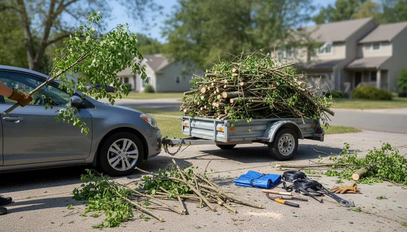 En åben trailer fyldt med afskårne grene på en indkørsel med beskæringsværktøj og arbejdshandsker ved siden af.