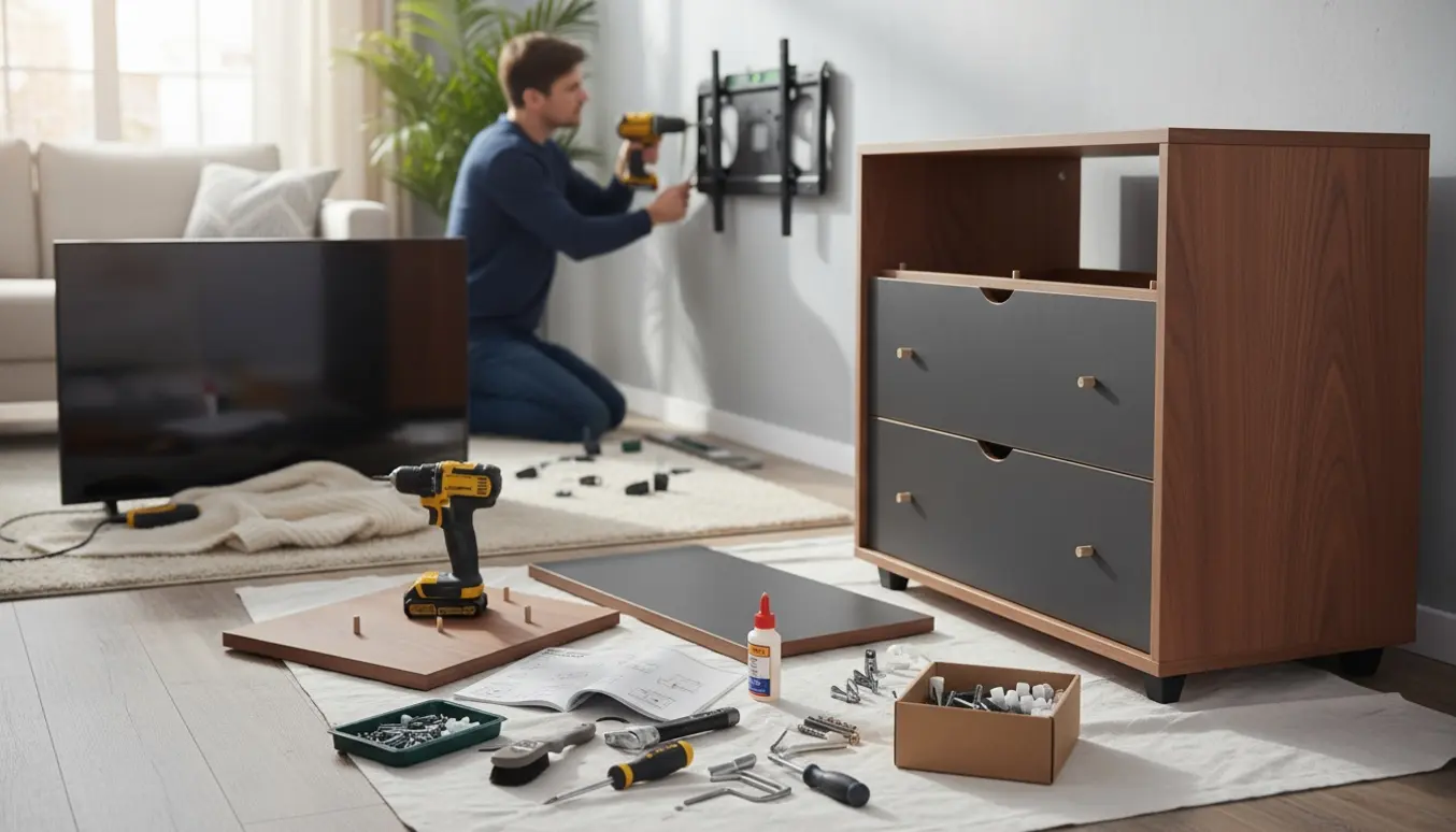 Hænder monterer et TV-ophæng ved siden af en delvist samlet anthracit- og valnøddetræskommode i en lys stue.