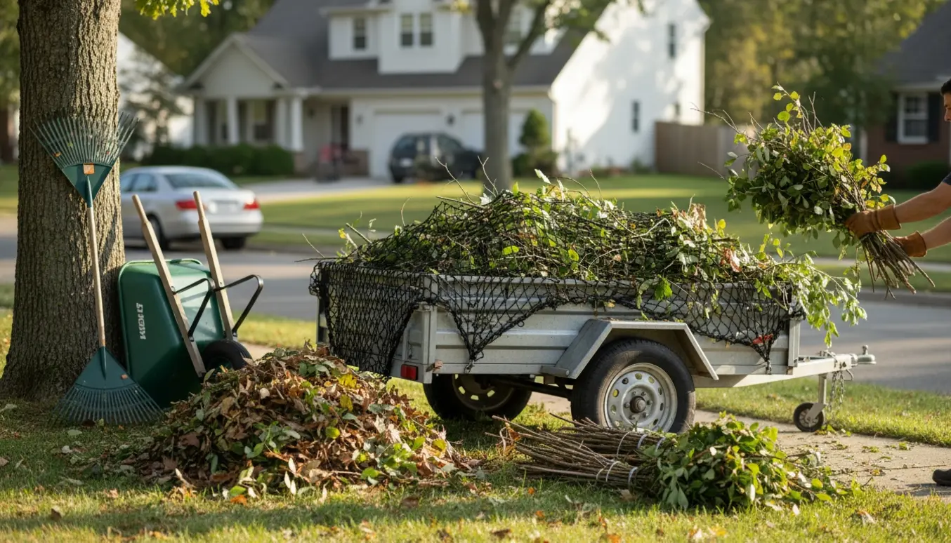 Åben trailer fyldt med grene og blade ved vejkanten, mens hænder læsser haveaffald.