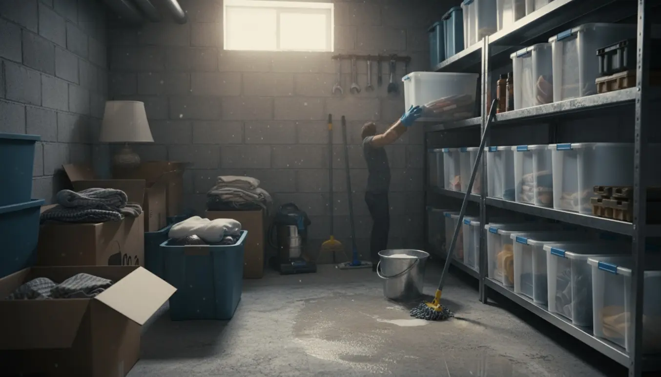 Et lille kælderrum under rengøring med opbevaringsbokse, moppe, spand og hænder, der sætter en kasse på en hylde.