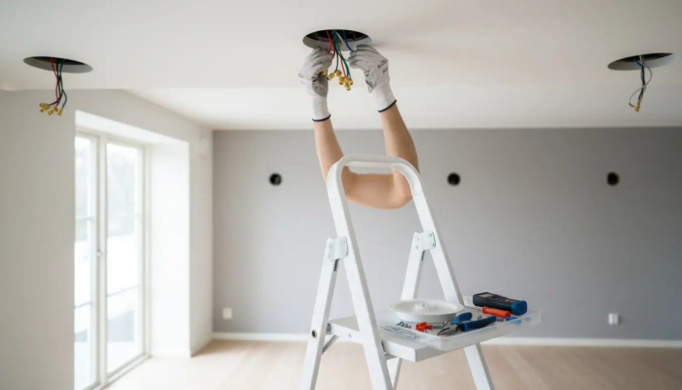 Hænder på en stige udskifter tre lofts lampeudtag til nye hvide udtag i et lyst rum.
