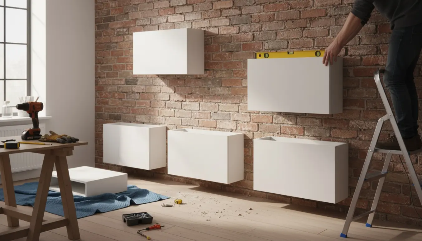 Installation af flere hvide skabe på en murstensvæg med boremaskine, rawlplugs og vaterpas i naturligt dagslys.