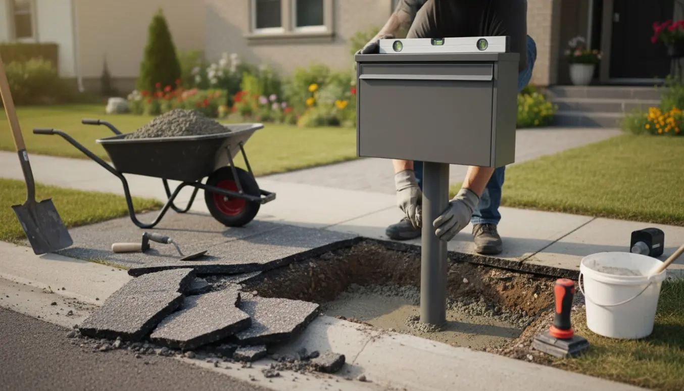 Installering af en pakkepostkasse ved fortovet med udsavet asfalt, gravet hul, våd beton og værktøj.