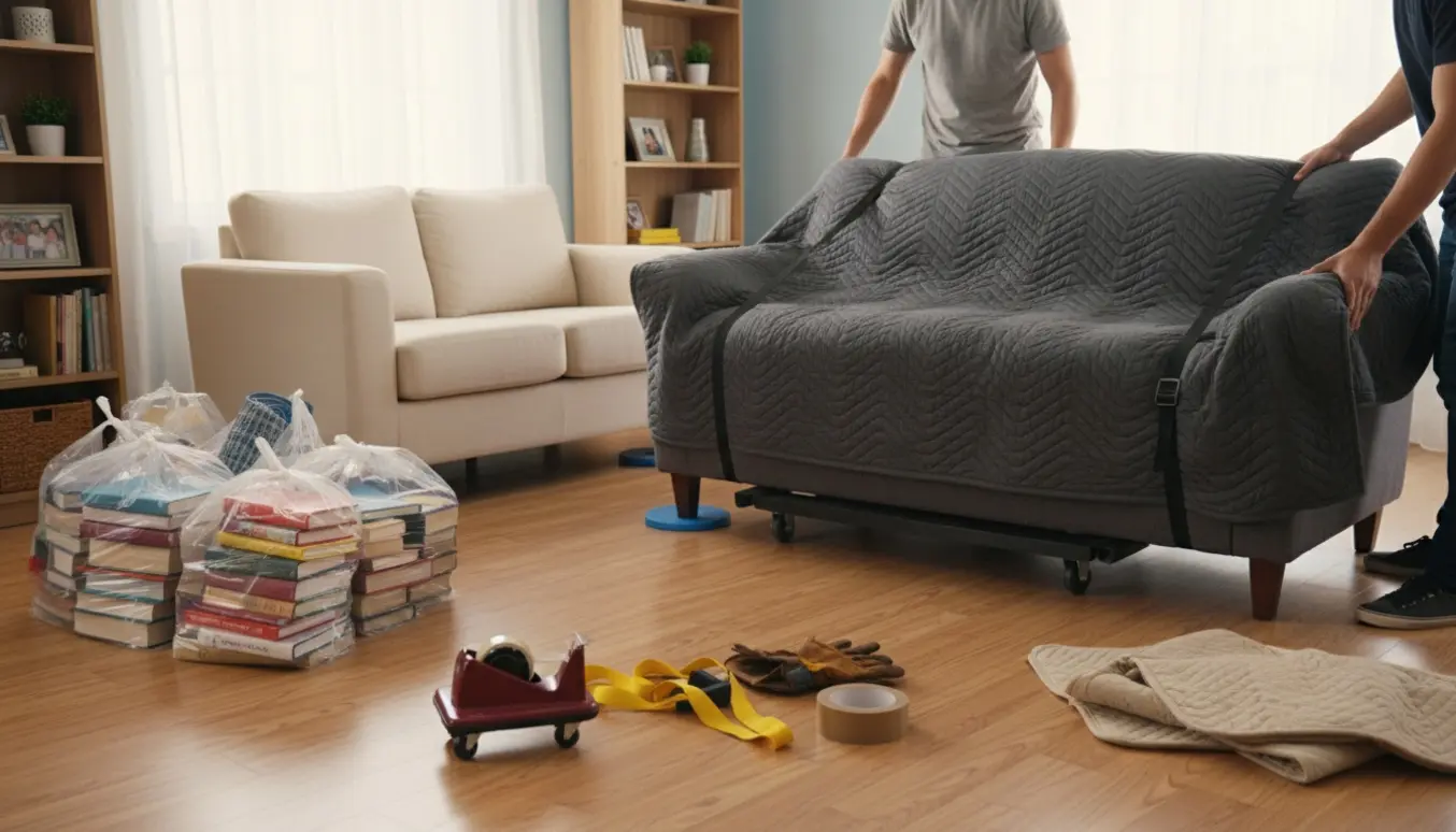 Stue under ommøblering med to sofaer, gennemsigtige poser fyldt med bøger og flytteudstyr.