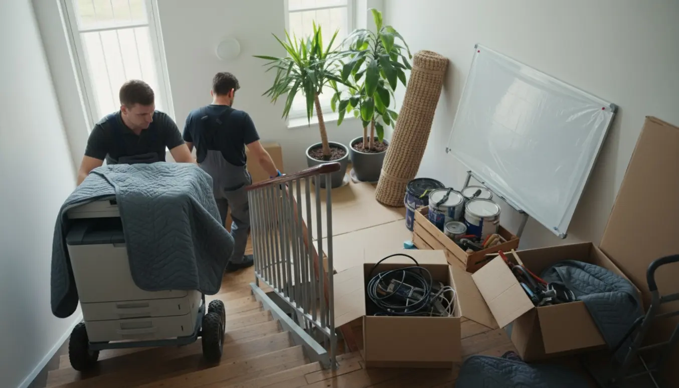 Flyttefolk bærer blandet affald og møbler ned ad en trappe med printer, malerbøtter, potteplanter, rullet tæppe og whiteboard.